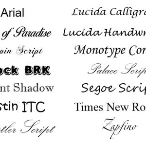 Puede incluir: Una lista de diferentes nombres de fuentes en texto negro sobre un fondo blanco. Los nombres de fuentes incluyen Arial, Birds of Paradise, Chopin Script, Hillock BRK, Imprint Shadow, Kristin ITC, Kunstler Script, Lucida Calligraphy, Lucida Handwriting, Monotype Corsiva, Palace Script, Segoe Script, Times New Roman y Zapfino.