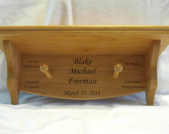 Personalized Engraved Wooden Shelf With Pegs- Newborn Baby Small
