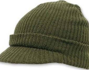 WWII WW2 US 100% Wool Knit Jeep Cap Hat O.D. Green