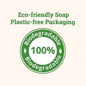May include: Green circle with white text that reads "Biodegradable 100% Biodegradable" with a leaf icon on each side of the text. The text "Eco-friendly Soap Plastic-free Packaging" is above the circle.