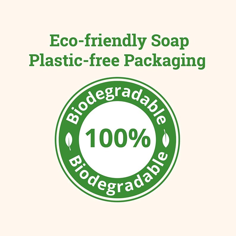 May include: Green circle with white text that reads "Biodegradable 100% Biodegradable" with a leaf icon on each side of the text. The text "Eco-friendly Soap Plastic-free Packaging" is above the circle.