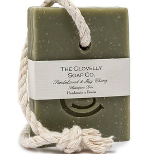 Sandalwood & May Chang Soap On a rope plastic free shower bar with handy rope to keep your soap dry between uses made in Clovelly