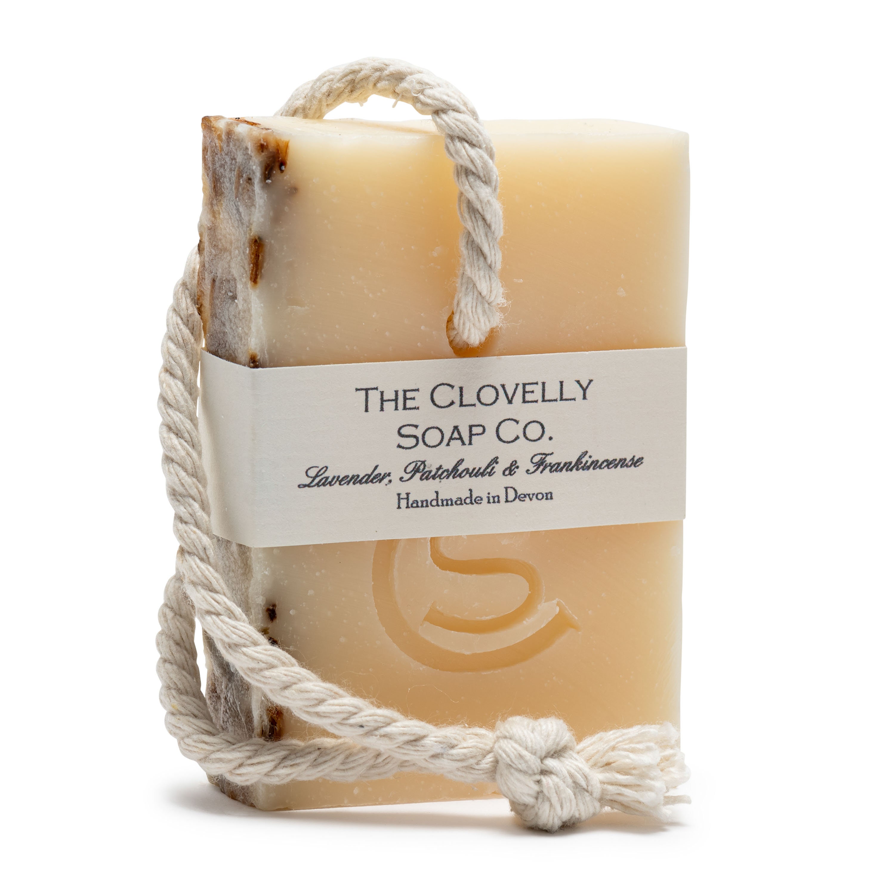 Soap on a rope with Lavender, Frankincense & Patchouli Essential oils, vegan and natural handmade in Devon by The Clovelly Soap Company