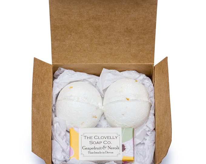 Bath Bomb Gift Set with 2 Aromatherapy Bath Bombs and a guest soap in a Kraft box. Perfect Handmade Gift