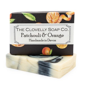 Patchouli & Orange Wrapped Handmade Soap with a Charcoal Swirl - Vegan Natural Soap