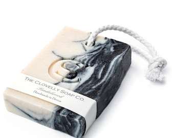 Sandalwood, Bergamot & Charcoal Natural Vegan Soap on a Rope Bar - Handmade Soap