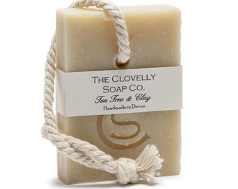 Tea Tree & Clay Natural Vegan Soap on a Rope Bar - Essential Oil Soap - 100g