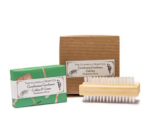 Gentleman Gardeners Gift Set with Coffee & lIme Natural Essential Oil Soap Bar 100g and Nail Brush