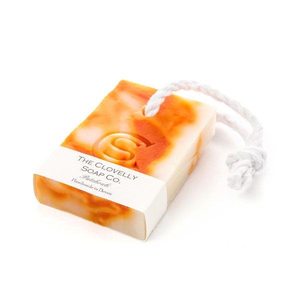 Patchouli Essential Oil Soap on a Rope - Handmade Orange Swirl Bar