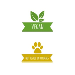 May include: Green leaf icon with the word "VEGAN" on a green ribbon and a yellow paw print icon with the text "NOT TESTED ON ANIMALS" on a yellow ribbon.