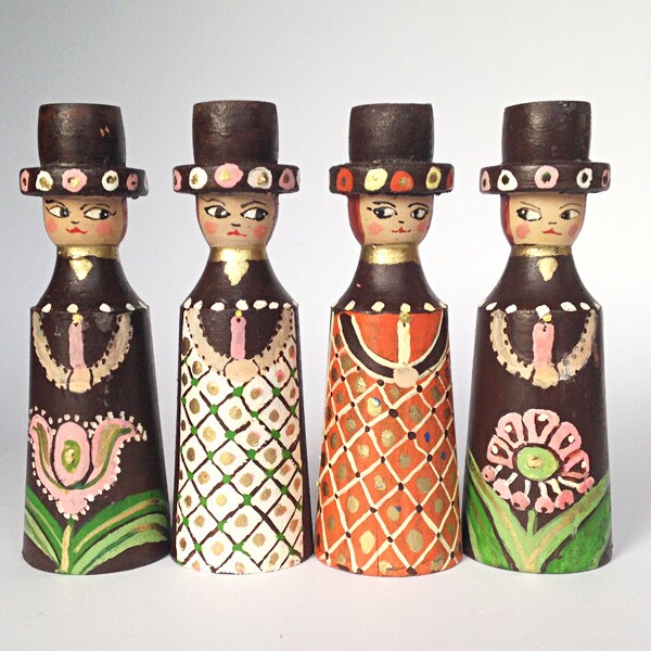 4 Swedish Hand Painted Candlesticks / Folk Art Dolls / 70s