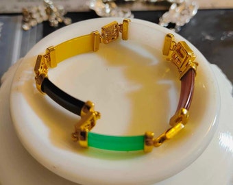 Vintage Colored Jade Panel Bracelet Gold Tone Asian Design