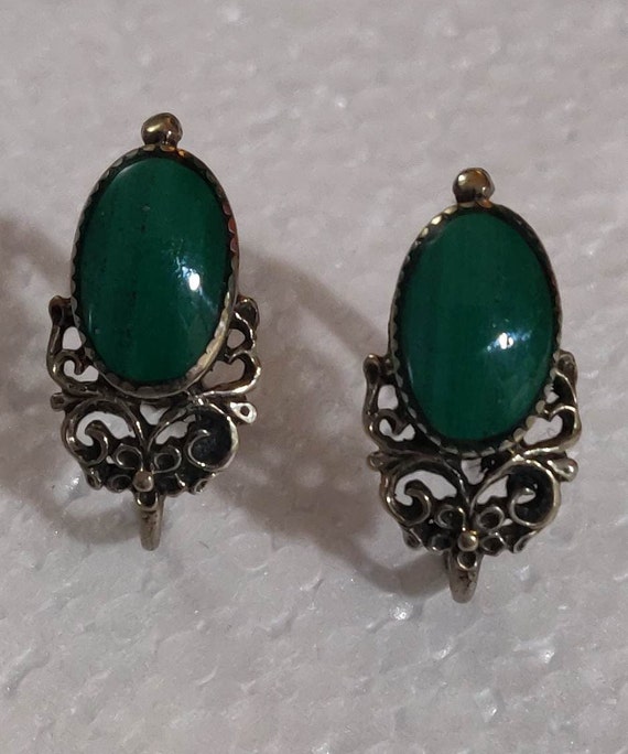 Antique Edwardian Silver Malachite Pierced Earrin… - image 1