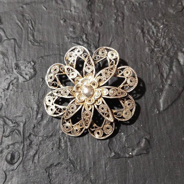 Silver Cannetille Filigree Layered Flower Brooch Antique