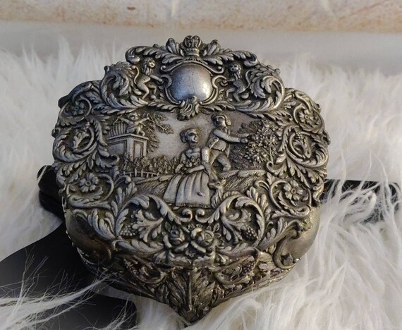 Vintage Pewter Set 4 Trinket Jewelry Pill Box Pin Brooch Stud Pierced Earrings Pendant Charm Necklace Chain Raised Relief Flower Design 3575