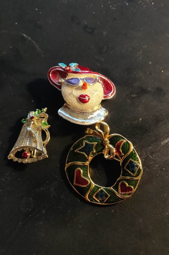 Lot of 3 Enamel Christmas Brooches Snow Lady, Bel… - image 1