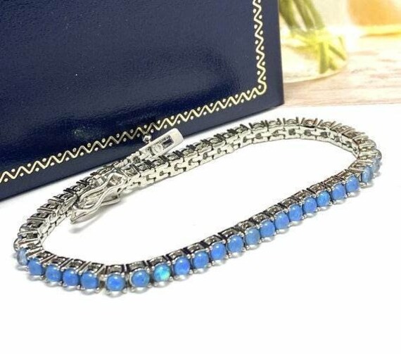 Opal Tennis Bracelet Blue 14k White Gold Plate La… - image 3