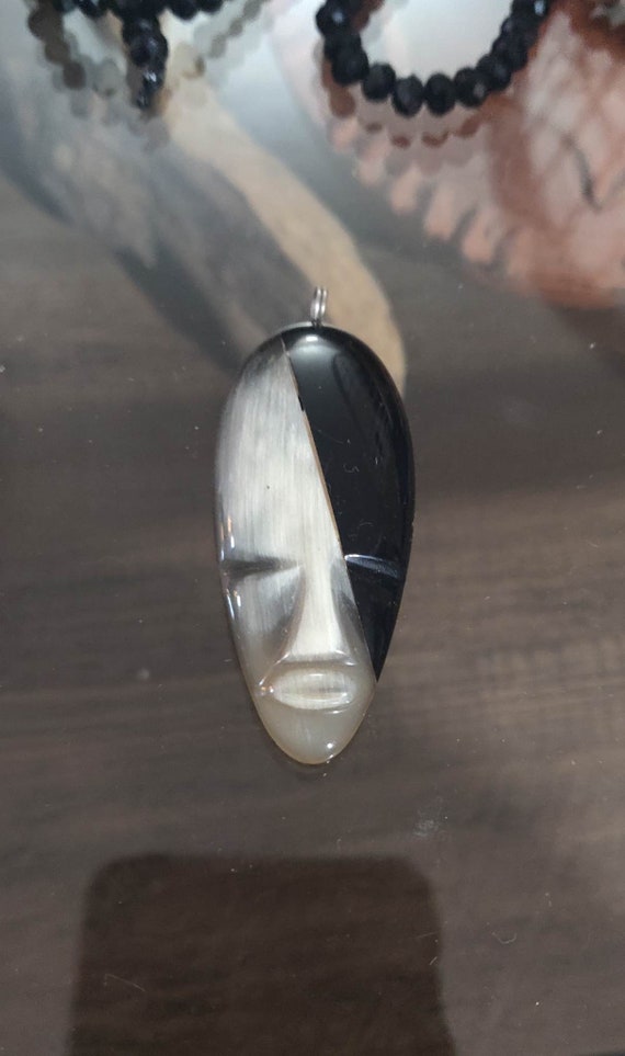 African Ebony and Horn Hand Carved Elongated Face… - image 1