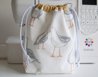 Drawstring Bag - Drawstring Toiletry Bag - Waterproof  or Calico Lined - Seagulls in Cream - Small - Medium - Handmade