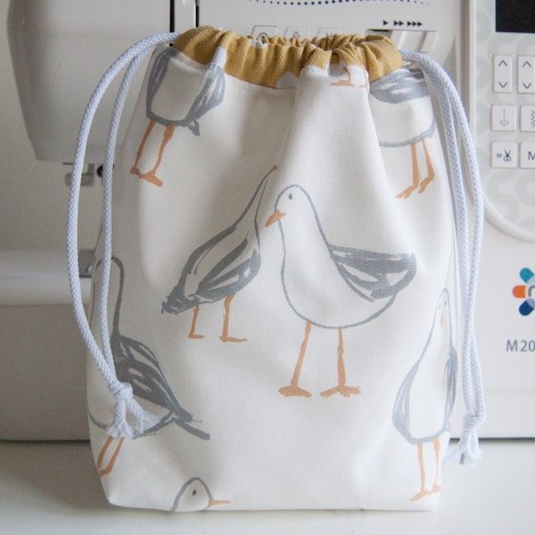 Drawstring Bag - Drawstring Toiletry Bag - Waterproof  or Calico Lined - Seagulls in Cream - Small - Medium - Handmade
