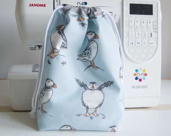 Large Drawstring Bag - Large Drawstring Wash Bag - Waterproof or Calico Lined - Puffins in Powder Blue - Clarke & Clarke Fabric - Handmade