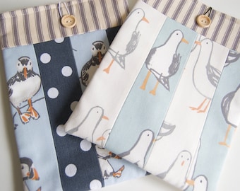 Book Sleeve - Book Cover - Book Protector - Patchwork - Cotton Canvas - Puffins - Seagulls - Handmade - Gift