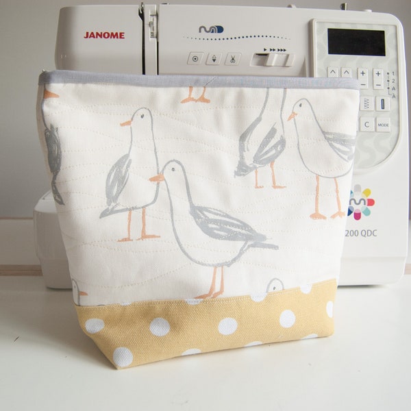 Large Zipped Toiletry/Wash Bag - Seagulls In Cream - Waterproof Lined - Cotton Canvas - Handmade