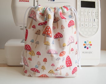 Drawstring Wash Bag - Toiletry Bag  with Waterproof or Calico Lined - Cath Kidston Fabric - Mini Mushrooms - Small - Medium - Handmade