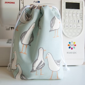 Drawstring Bag - Drawstring Toiletry Bag - Waterproof or Calico Lined -  Seagulls in Duck Egg Blue - Small - Medium - Handmade