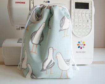 Drawstring Bag - Drawstring Toiletry Bag - Waterproof or Calico Lined -  Seagulls in Duck Egg Blue - Small - Medium - Handmade