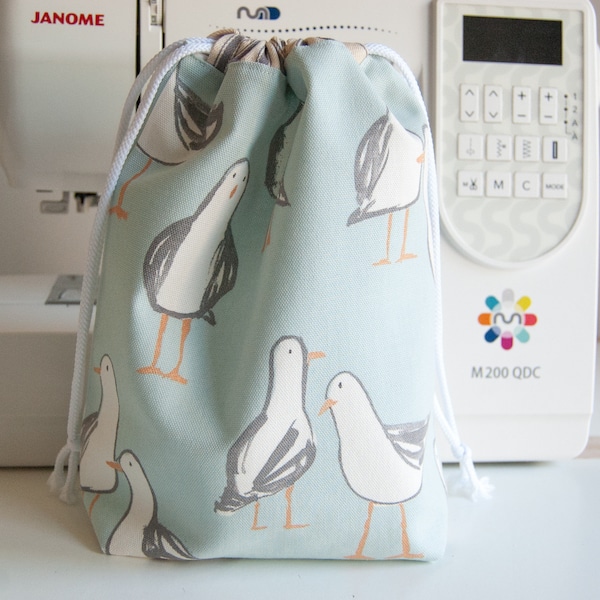 Drawstring Bag - Drawstring Toiletry Bag - Waterproof or Calico Lined -  Seagulls in Duck Egg Blue - Small - Medium - Handmade