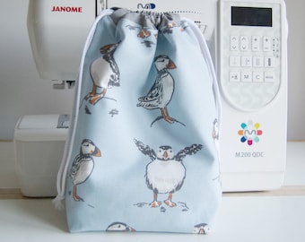 Drawstring Bag - Calico Lined - Drawstring Wash Bag - Waterproof Lined - Puffins in Powder Blue - Small - Medium - Handmade