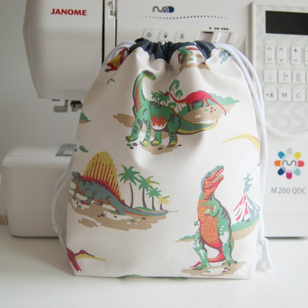 Drawstring Bag  - Drawstring Toiletry Bag - Waterproof or Calico Lined- Cath Kidston Fabric - Dinosaurs - Small - Medium - Handmade