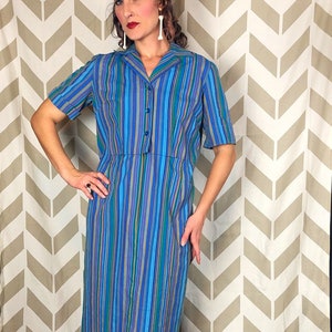 1950s 60s Blue Striped Dress 36W