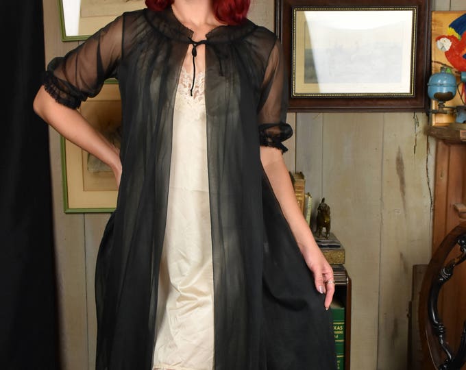 50s Black Babydoll Robe Rogers Short Black Sheer Robe Peignoir