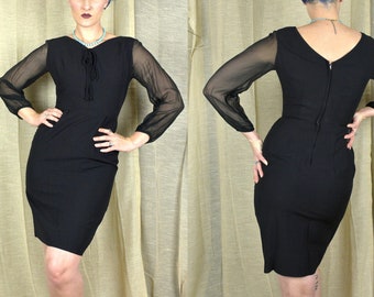 Vintage 1950s Small Black Wiggle Dress Sheer Silk Sleeves Bombshell Pencil Dress
