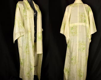 Vintage Japanese Kimono Robe Green and White Floral