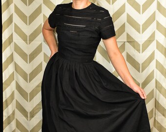 VTG 1950s Black Dress | Vintage L'Aiglon Dress | Vintage Cotton Day Dress | Sheer Black Dress | Eyelet Bodice Dress | Pin Up Rockabill