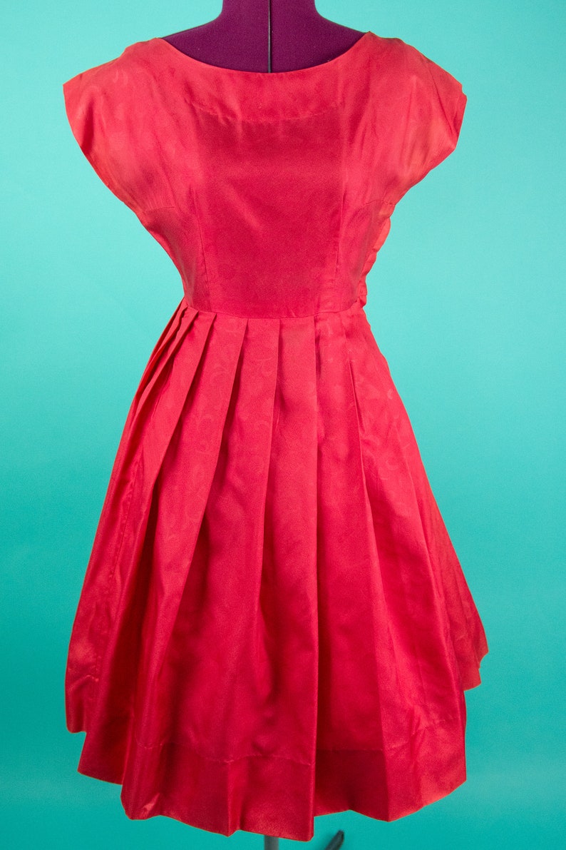 Coral Red Dress Vintage 1950s Red Floral Dress Small