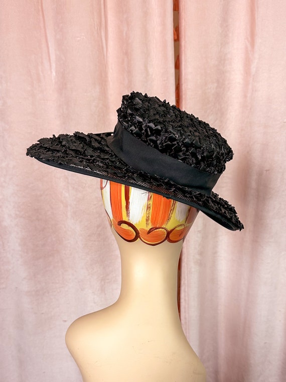 Vintage 1940s 50s Black Wide Brim Tilt Hat - image 6
