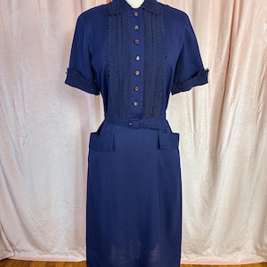 Vintage 1940s Navy Blue Dress Button Up 30 Waist Medium