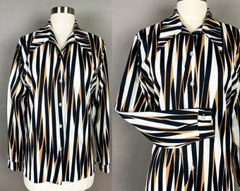 1970s Black White Tan Funky Print Blouse Large XL