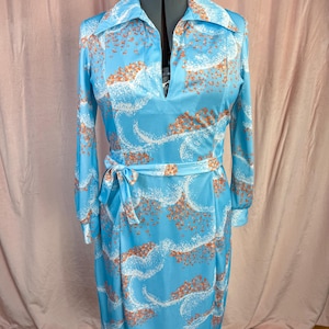 Vintage 1970s Blue Abstract Dress Orange XL