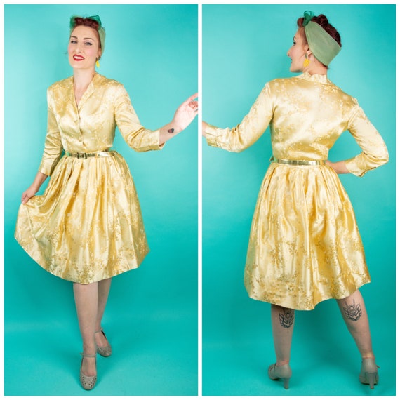 Vintage 1950s 60s Satin Gold Dress Alfred Shaheen… - image 2