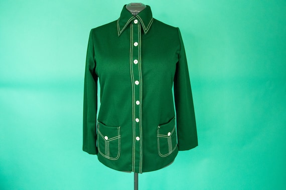 Vintage 1970s Forest Green Blouse Top - Large XL -