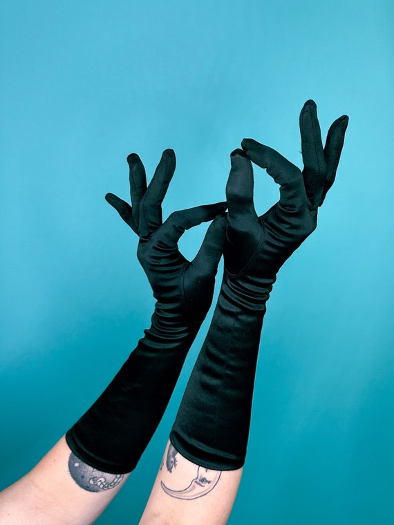40s 50s Black Satin Nylon Gloves - image 1