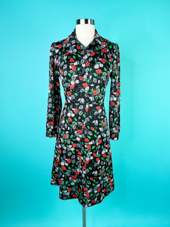 70s Black Floral Dress Medium