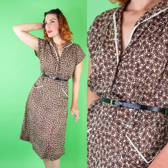 1930s 1940s Brown Dress Large XL 38 Waist - VOLUP