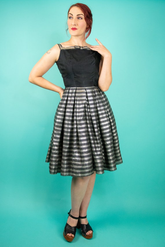 1950s XS Swing Dress Silver Lurex Black Silk - image 4