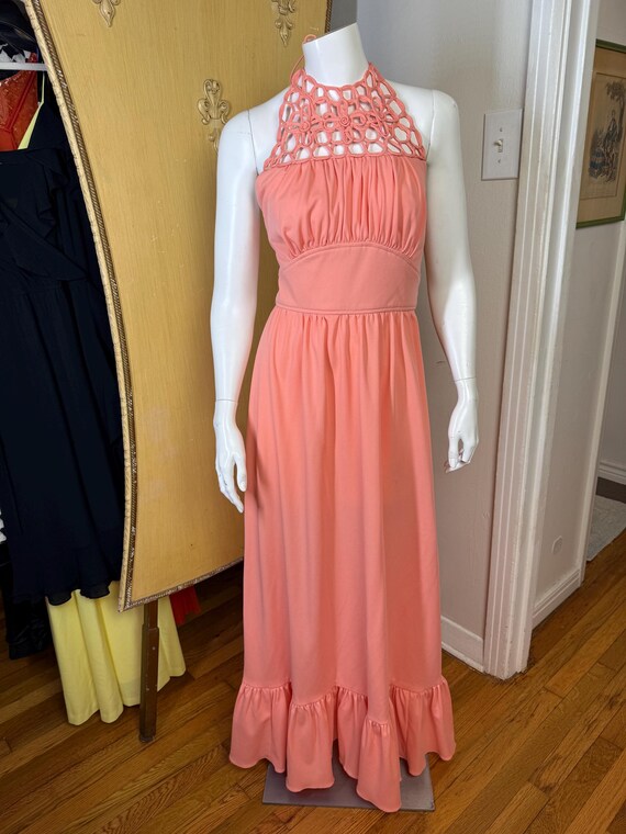 Vintage 1970s Peach Halter Maxi Dress Small